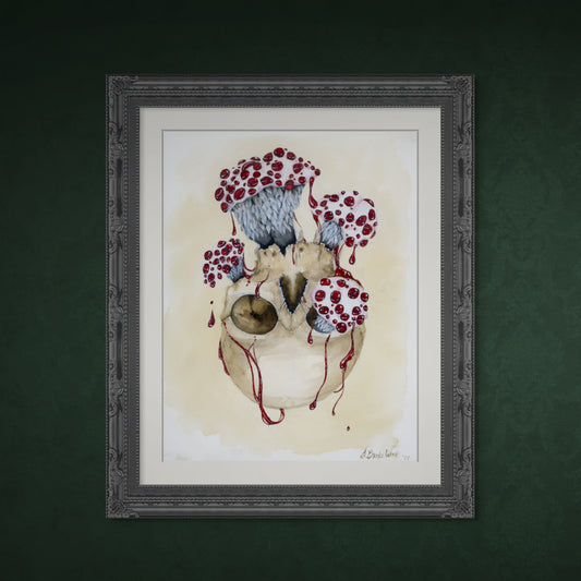 "Devil's Tooth" painting featuring a detailed skull, dark patterns, and shadows, perfect for gothic art collectors and enthusiasts of macabre-themed artwork