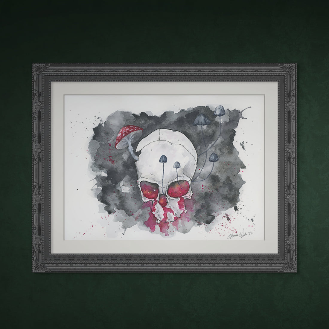 "Afflicted," a captivating feminine painting showcasing a detailed skull veiled in dramatic shades of blue and grey, symbolizing the themes of mortality and identity discussed in the blog on the historical use of female skulls in art