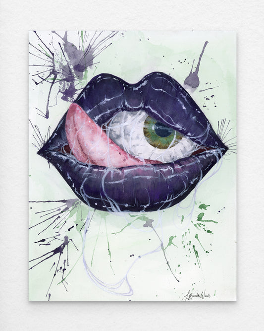 "Seen and Not Heard (1)" wall art print by J. Brooke Wade – bold watercolor of lips and eye advocating women's voices.