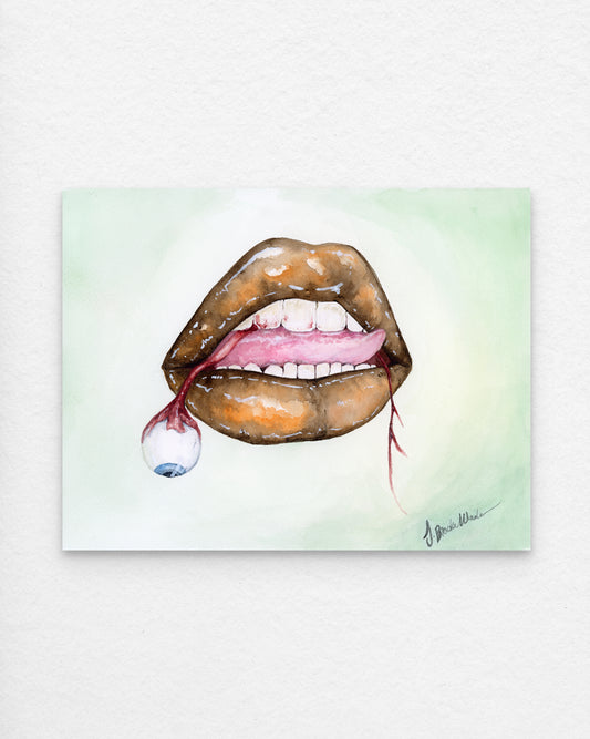 "Seen and Not Heard (3)" painting by J. Brooke Wade – striking watercolor of lips and an eye symbolizing women's defiance.