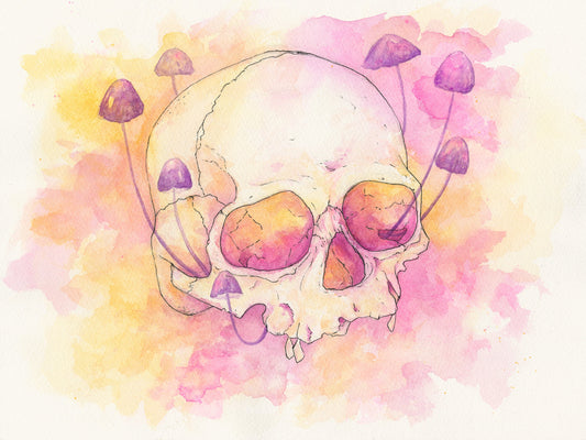 Original Skull with Purple Mushrooms Watercolor