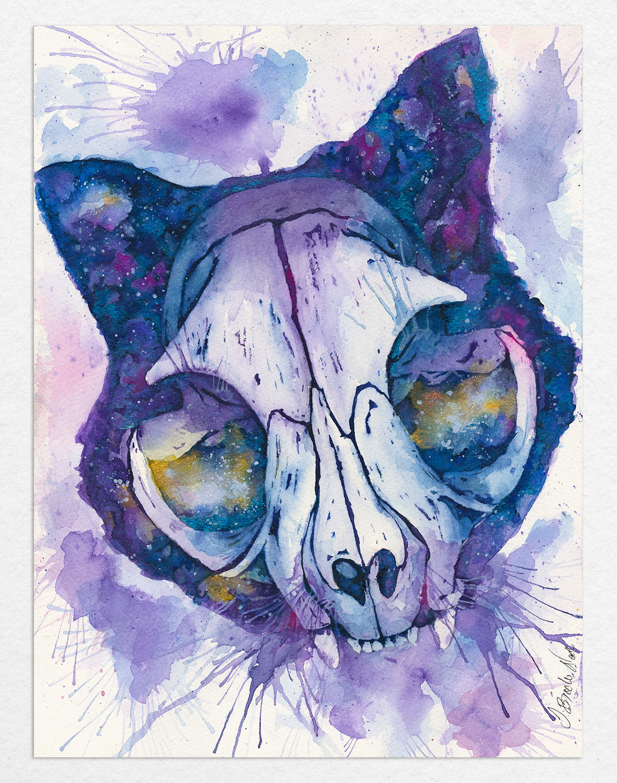 Original watercolor print of a cat skull set against a nebula-inspired background in vibrant blues