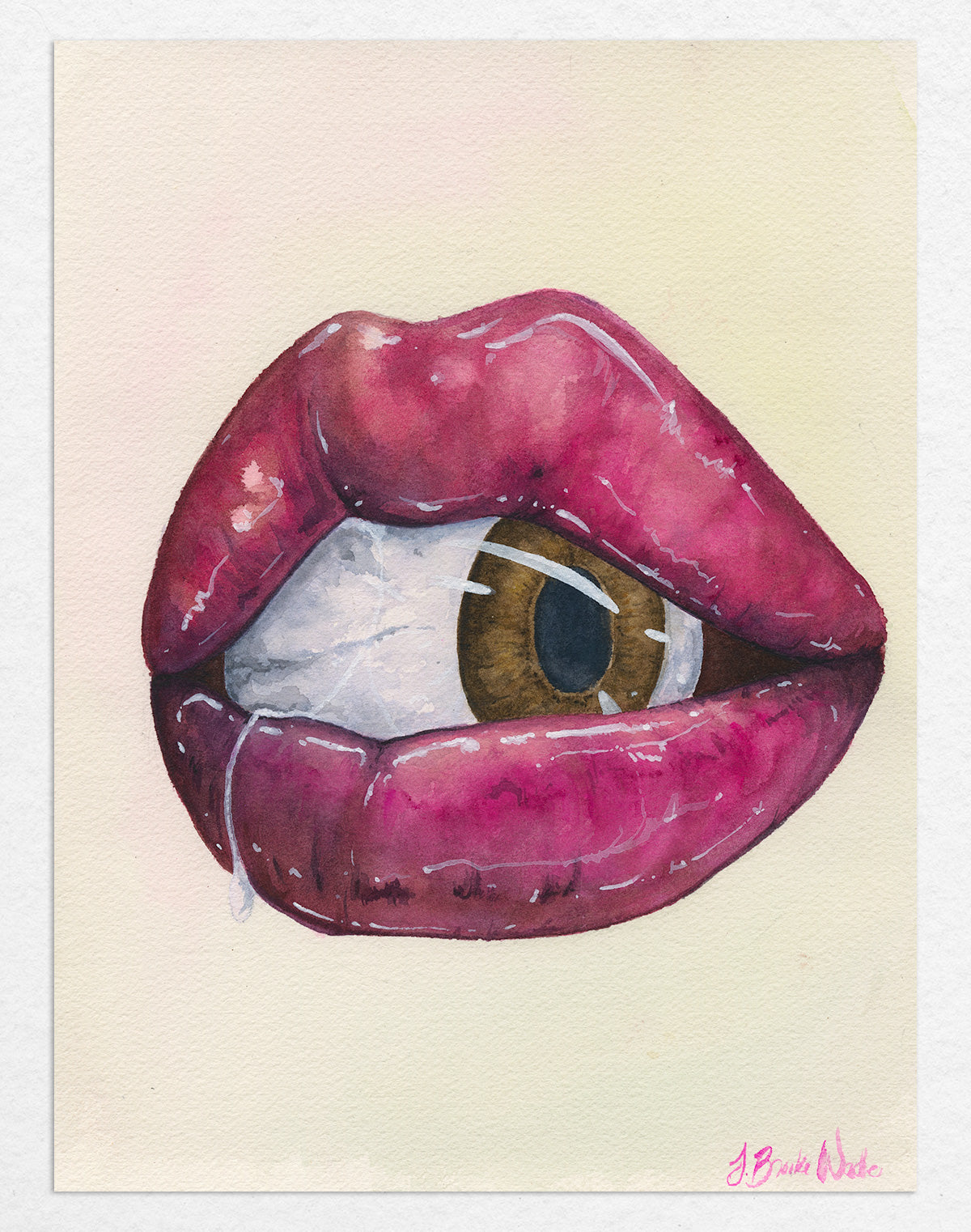 "Seen and Not Heard (2)" painting by J. Brooke Wade – vibrant watercolor of lips and eye celebrating women's strength.
