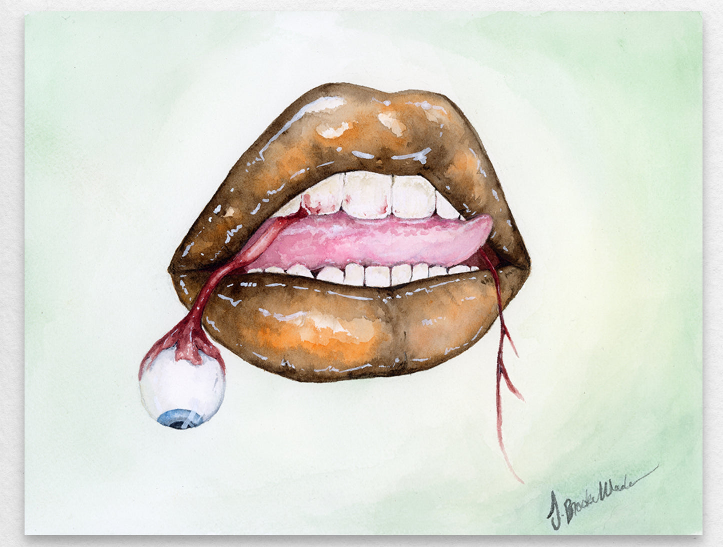 "Seen and Not Heard (3)" painting by J. Brooke Wade – striking watercolor of lips and an eye symbolizing women's defiance.