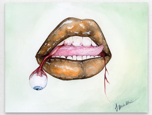 "Seen and Not Heard (3)" painting by J. Brooke Wade – striking watercolor of lips and an eye symbolizing women's defiance.