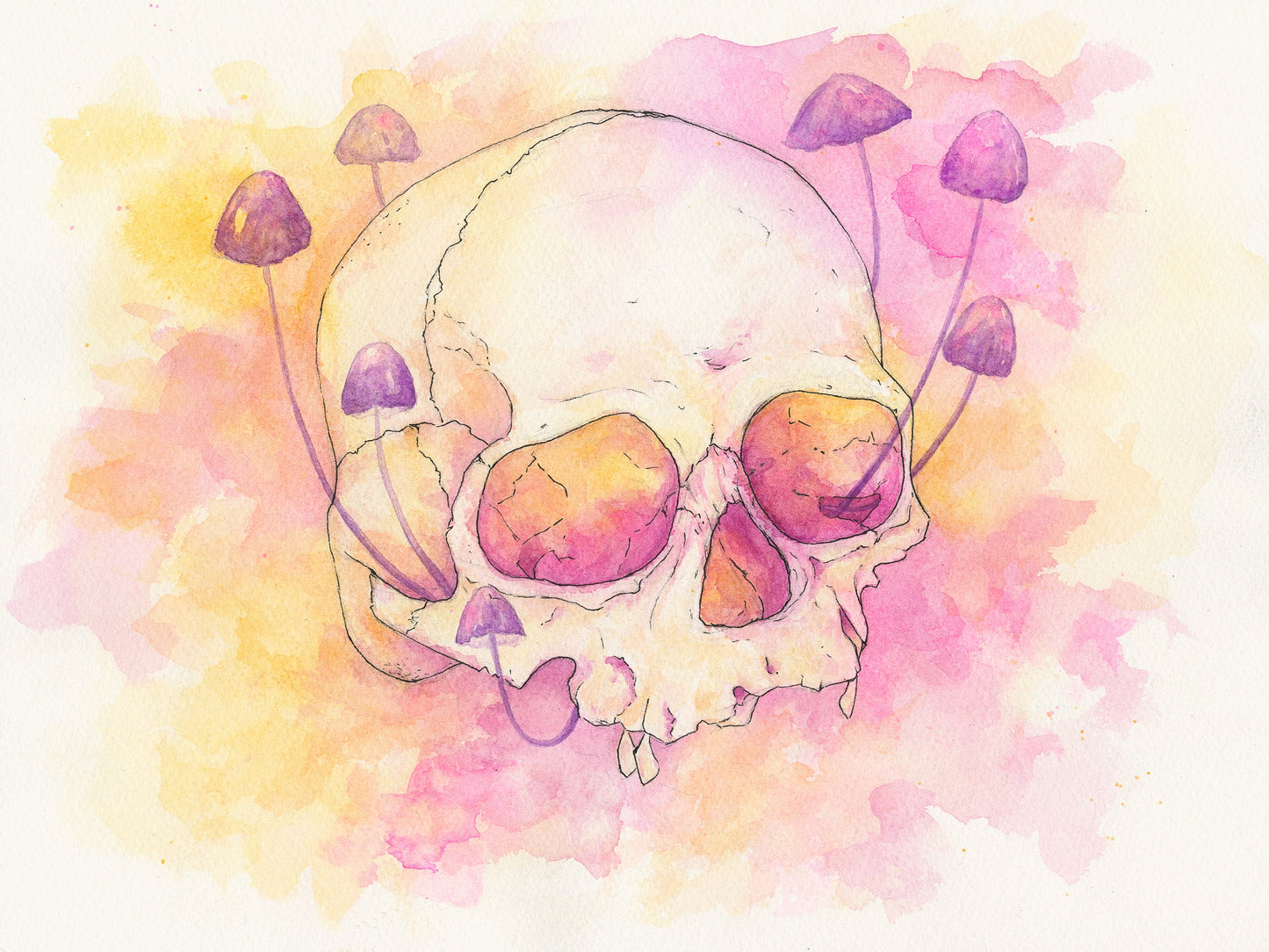 Original Skull with Purple Mushrooms Watercolor