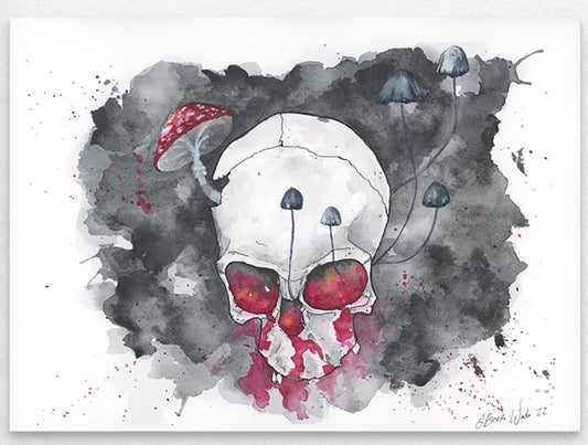 "Afflicted" skull wall art with red watercolor highlights by J. Brooke Wade.