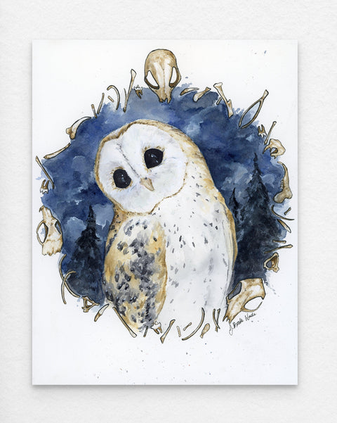 Nature art print of a barn owl by J. Brooke Wade, surrounded by bones and a serene night sky