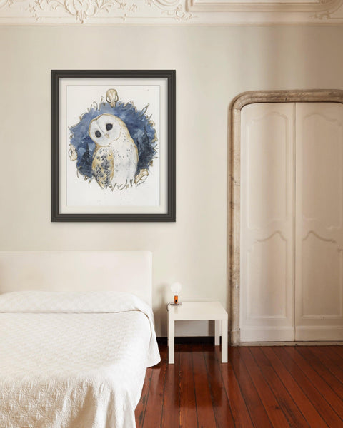 Barn owl painting in watercolor, blending natural elegance with bones for a unique nature-inspired work.