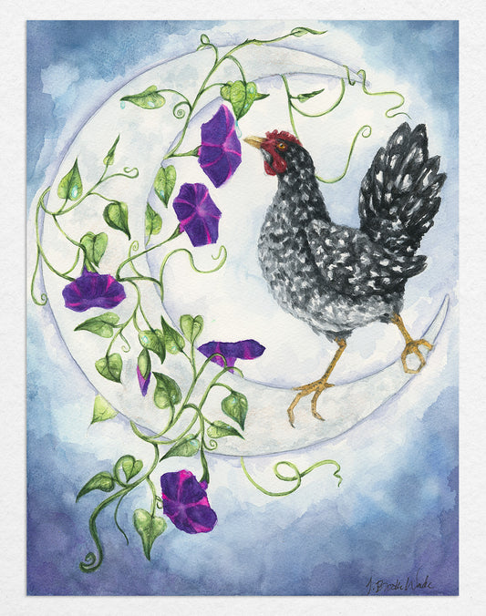 Watercolor chicken art by J. Brooke Wade titled "Bramble"
