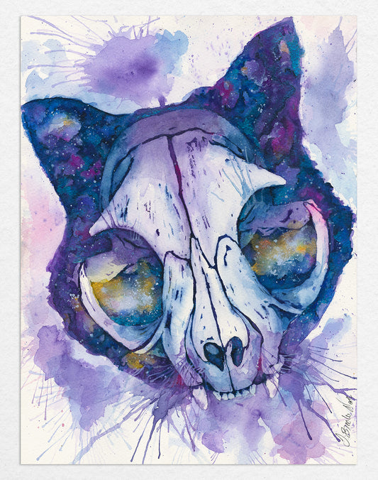 Original watercolor print of a cat skull set against a nebula-inspired background in vibrant blues
