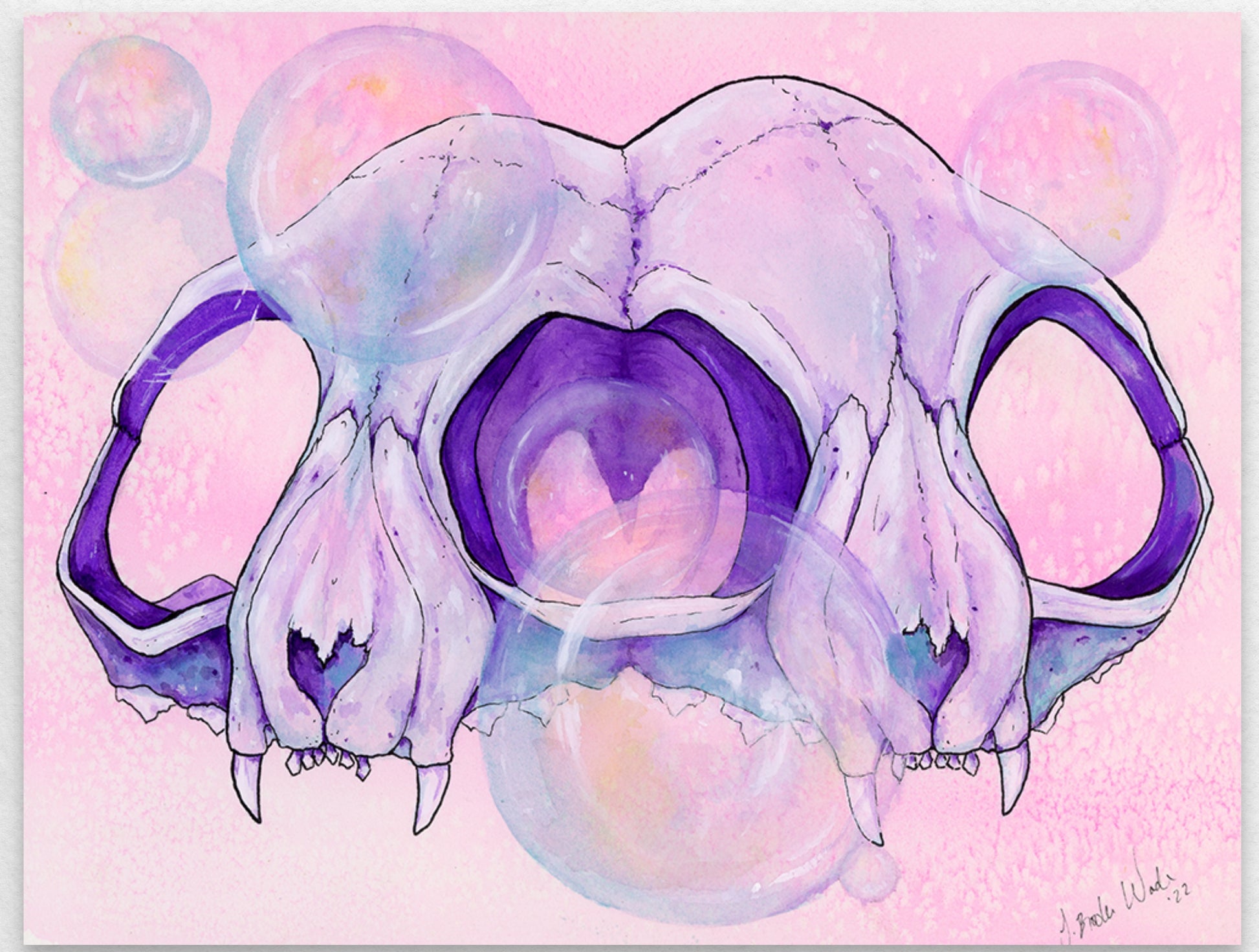 Pink conjoined cat skulls watercolor print by J. Brooke Wade
