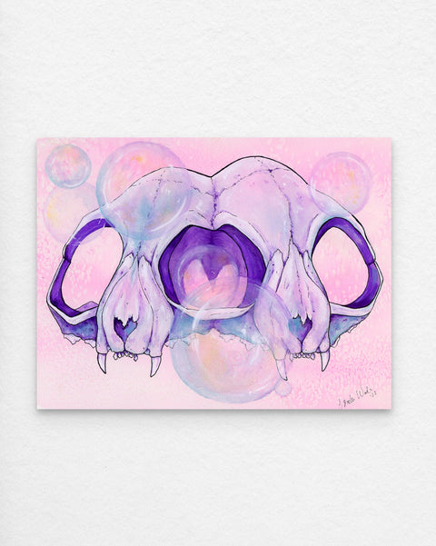 Pink conjoined cat skulls watercolor print by J. Brooke Wade