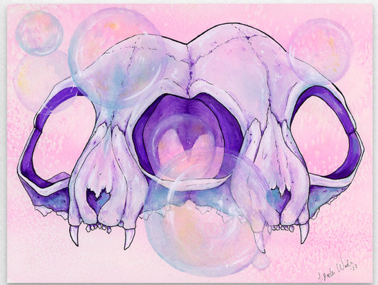 Pink conjoined cat skulls watercolor print by J. Brooke Wade