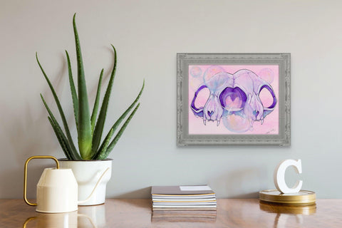 Feminine paintings of cat skulls with bubbles in bright pink