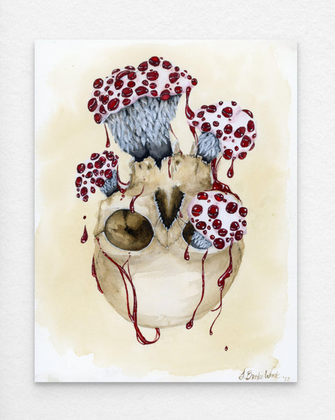 "Devil's Tooth" watercolor painting featuring skull and mushroom by J. Brooke Wade.