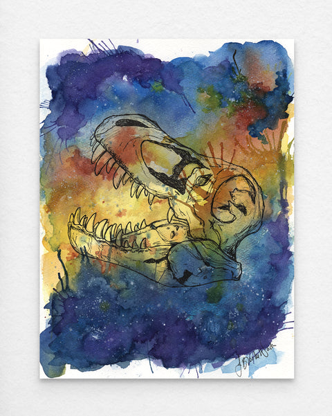 T-Rex skull watercolor print in vibrant colors by J. Brooke Wade