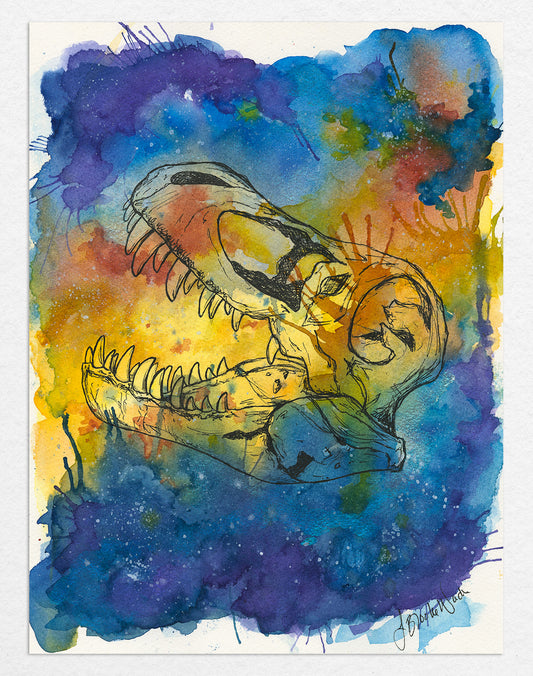 T-Rex skull watercolor print in vibrant colors by J. Brooke Wade