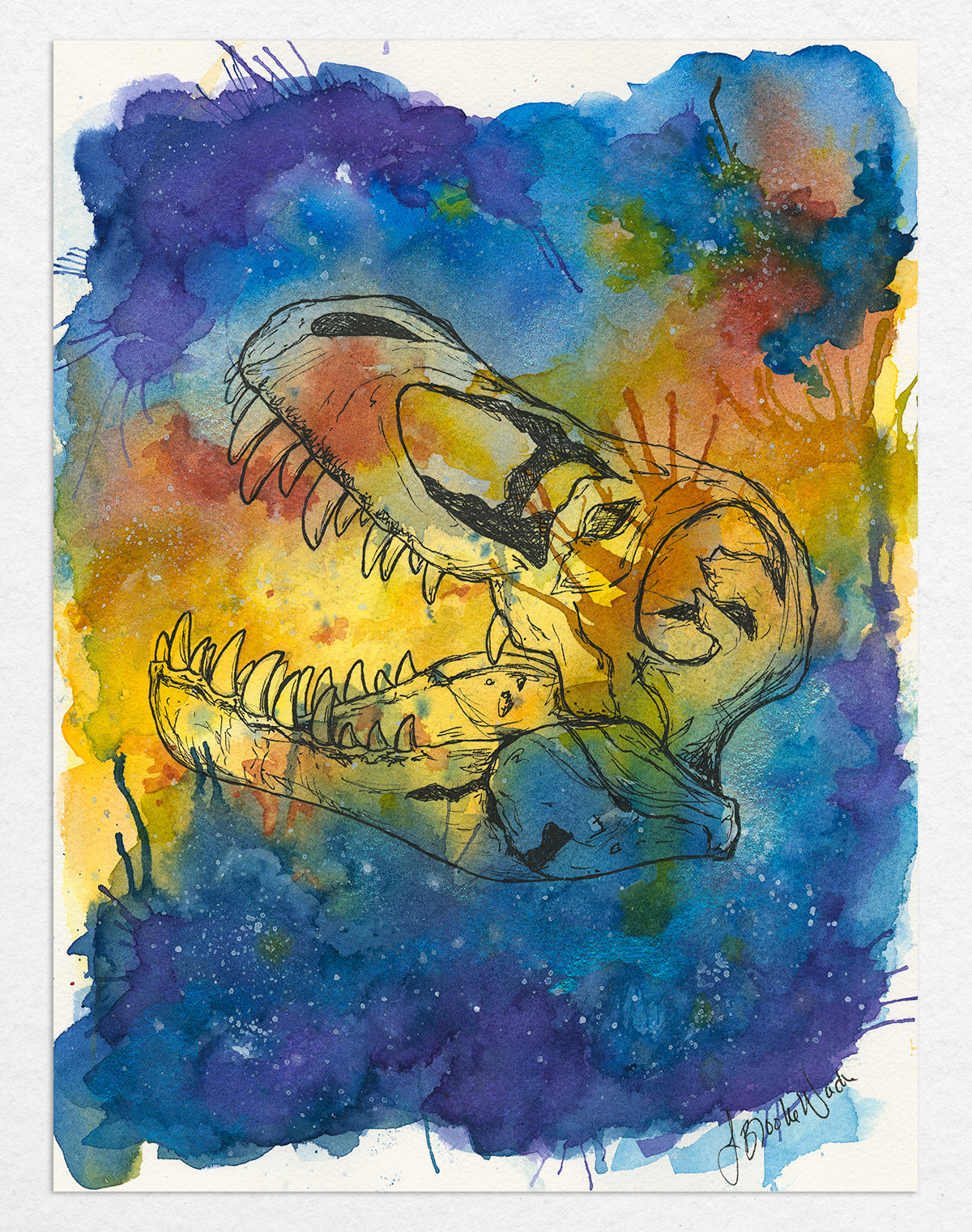 "Endings" watercolor painting with luna moth and skull against a cosmic backdrop