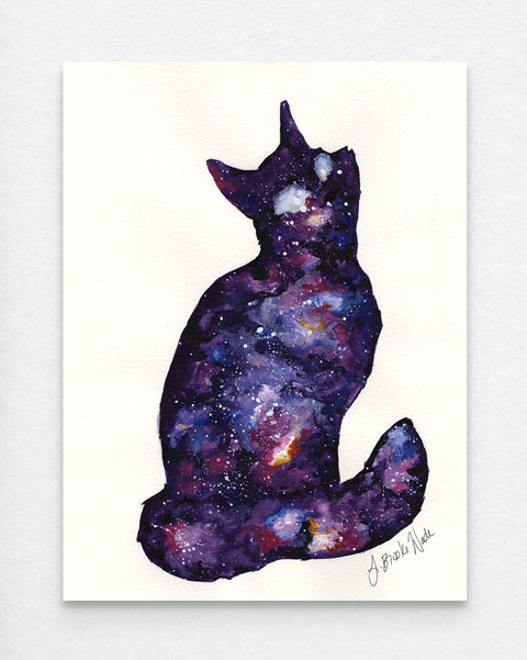 "Galaxy Cat (2)" original watercolor painting in rich dark purple and blue nebula tones by J. Brooke Wade.