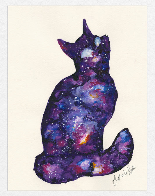 "Galaxy Cat (2)" original watercolor painting in rich dark purple and blue nebula tones by J. Brooke Wade.