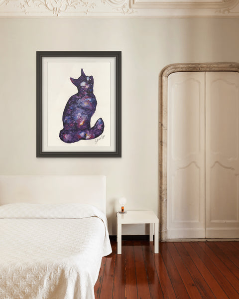 J. Brooke Wade's "Galaxy Cat" collection art, featuring a cat silhouette against a cosmic backdrop in purple and blue