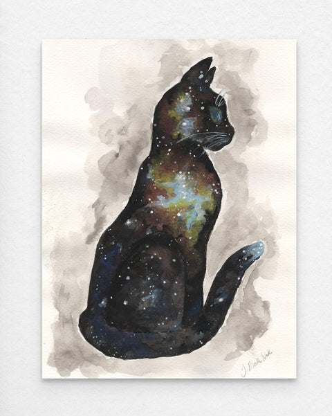 "Galaxy Cat (3)" original watercolor painting featuring a black cat with a glowing white-yellow nebula at its heart by J. Brooke Wade