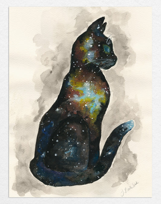 "Galaxy Cat (3)" original watercolor painting featuring a black cat with a glowing white-yellow nebula at its heart by J. Brooke Wade