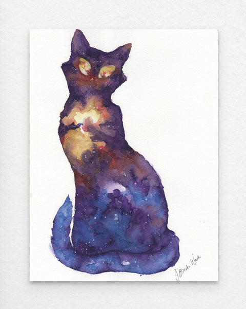 "Galaxy Cat (4)" watercolor painting of a cosmic cat silhouette in ethereal blue and purple with glowing nebula eyes by J. Brooke Wade