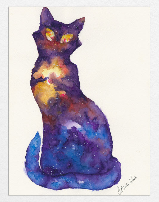 "Galaxy Cat (4)" watercolor painting of a cosmic cat silhouette in ethereal blue and purple with glowing nebula eyes by J. Brooke Wade