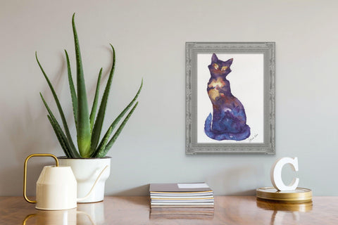 Cosmic art piece "Galaxy Cat (4)" with a cosmic cat silhouette in blue and purple, featuring nebula eyes.