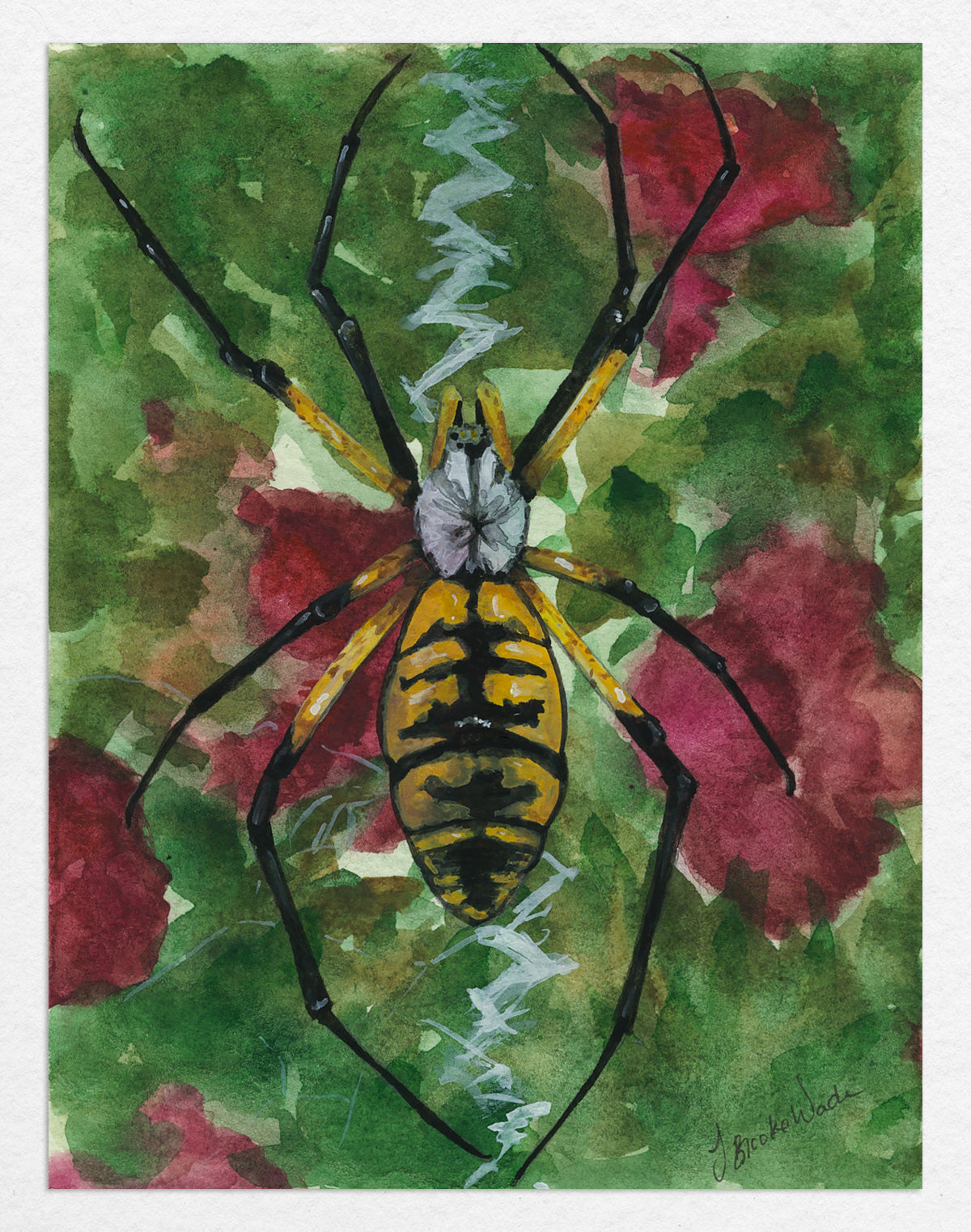Watercolor painting 'Memories' by J. Brooke Wade, featuring a detailed garden spider with vibrant flowers in the background, symbolizing nature's delicate beauty.