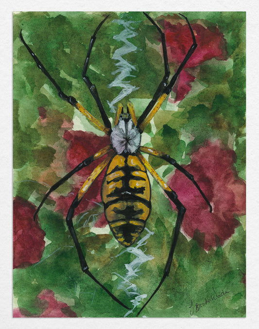 Watercolor painting 'Memories' by J. Brooke Wade, featuring a detailed garden spider with vibrant flowers in the background, symbolizing nature's delicate beauty.