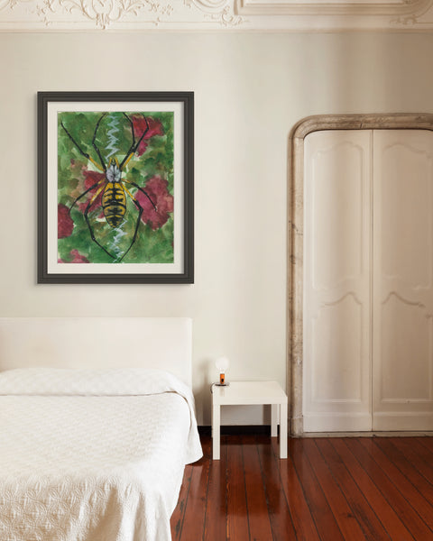 'Memories' by J. Brooke Wade, a vivid watercolor artwork showcasing a garden spider and flowers, highlighting the theme of rare natural beauty due to urban encroachment.