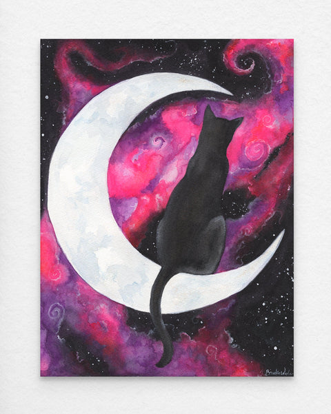 "Moon Cat" watercolor print showing a black cat on a crescent moon against a galaxy background