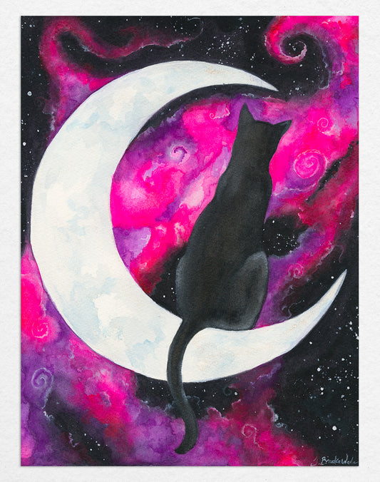 "Moon Cat" watercolor print showing a black cat on a crescent moon against a galaxy background