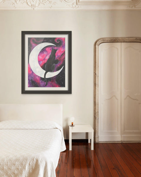 Vibrant watercolor painting of "Moon Cat" with pink and purple nebula by J. Brooke Wade