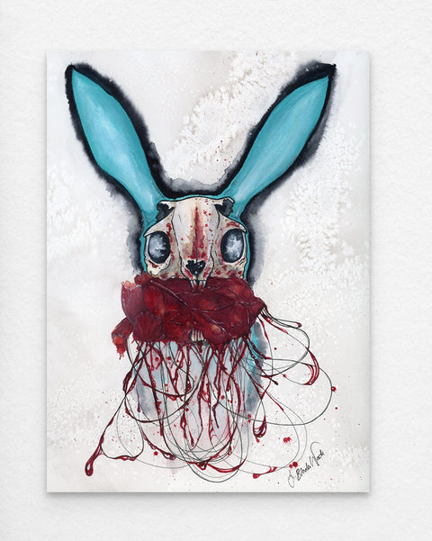 "No Strings Attached" watercolor painting of a fierce blue rabbit with skull head, symbolizing feminine empowerment.