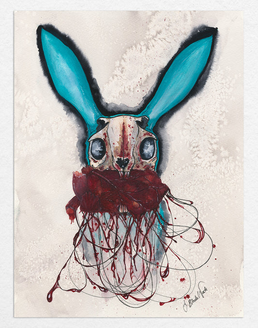 "No Strings Attached" watercolor painting of a fierce blue rabbit with skull head, symbolizing feminine empowerment.