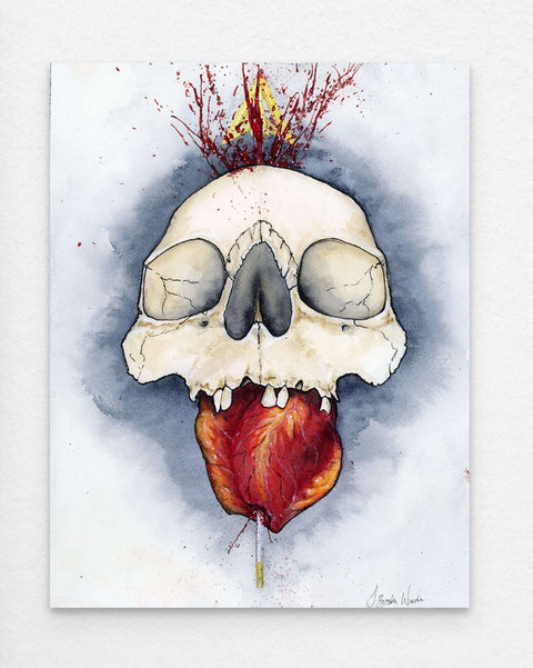 Original Watercolor painting of a female skull with an arrow and heart by J. Brooke Wade titled "Pure Intentions"