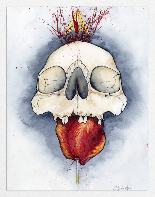 Original Watercolor painting of a female skull with an arrow and heart by J. Brooke Wade titled "Pure Intentions"