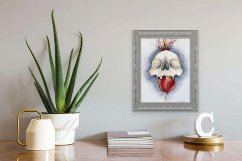 Emotive watercolor art featuring a skull and heart symbolizing pain and acceptance in "Pure Intentions"