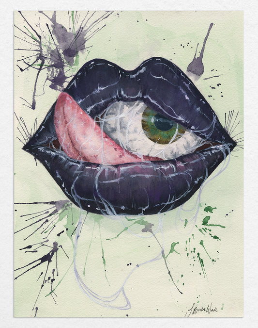 "Seen and Not Heard (1)" wall art print by J. Brooke Wade – bold watercolor of lips and eye advocating women's voices.