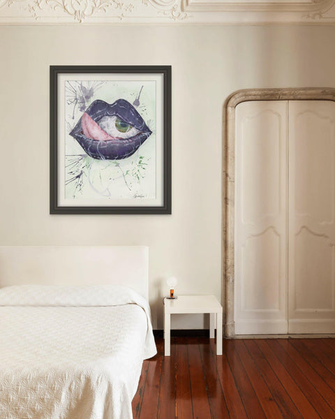 J. Brooke Wade's "Seen and Not Heard (1)" – striking wall art print with a close-up watercolor showing lips and an eye.