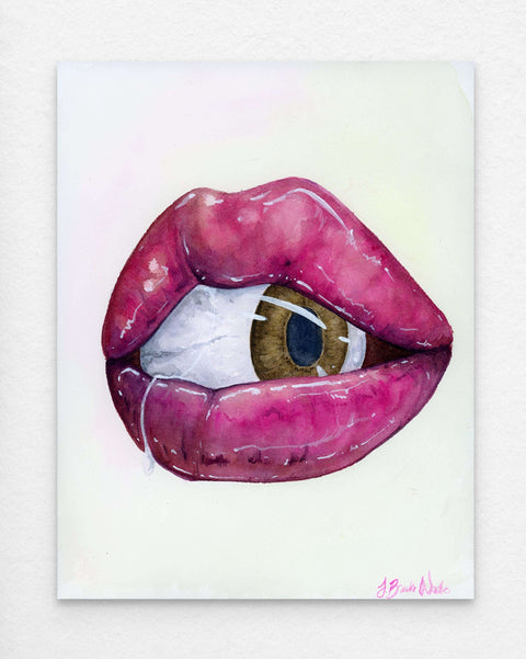 "Seen and Not Heard (2)" painting by J. Brooke Wade – vibrant watercolor of lips and eye celebrating women's strength.