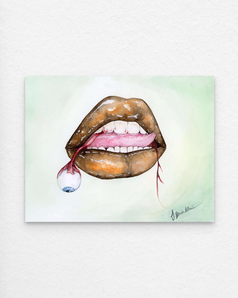 "Seen and Not Heard (3)" painting by J. Brooke Wade – striking watercolor of lips and an eye symbolizing women's defiance.