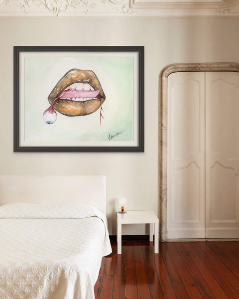 Vivid watercolor art "Seen and Not Heard (3)" by J. Brooke Wade, featuring a composition of lips and a unique eye.