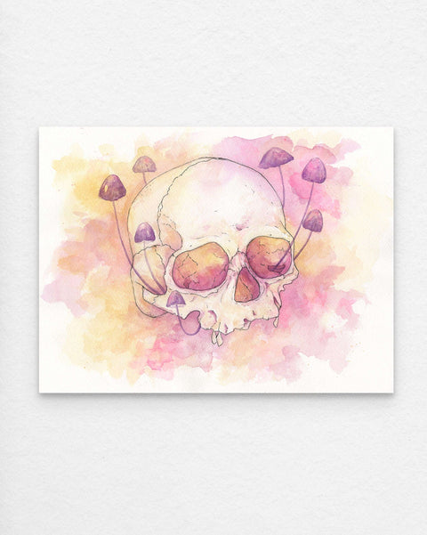 Watercolor painting of a skull with purple mushrooms by J. Brooke Wade, feminine art
